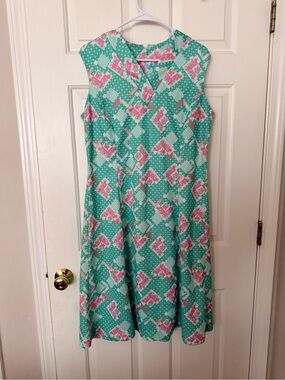 Vintage sixties polyester teal and pink dress size 12/14 Cottagecore retro